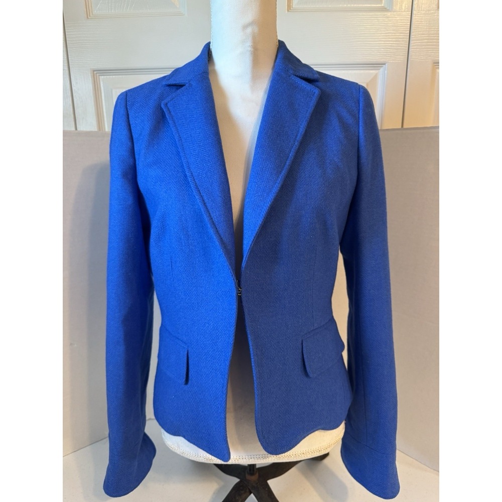 Women's J Crew Schoolboy Herringbone 100% Wool Blazer Lined Sz 8 Beautiful Blue